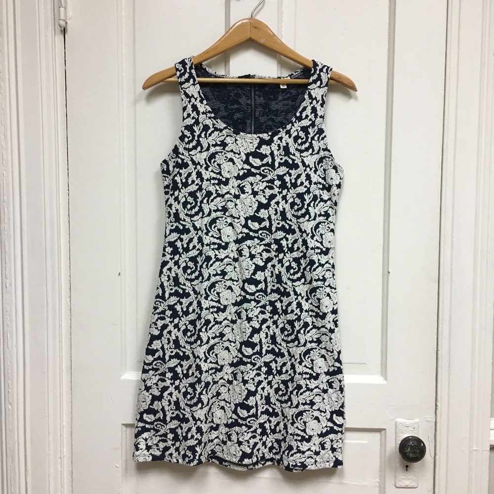 Unworn Navy and White Floral Print Dress